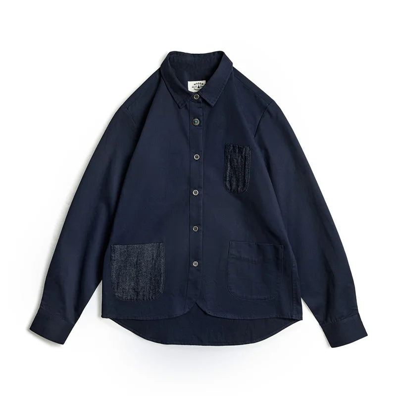 Maden Denim Patchwork Shirt, Women's Long Sleeve Casual Jacket, Navy Blue.