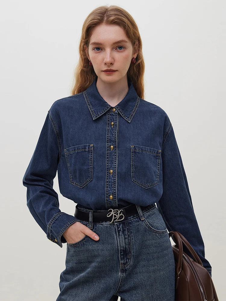 FSLE Deep Blue Denim Shirt, Women's Long Sleeve, Retro Casual Top.