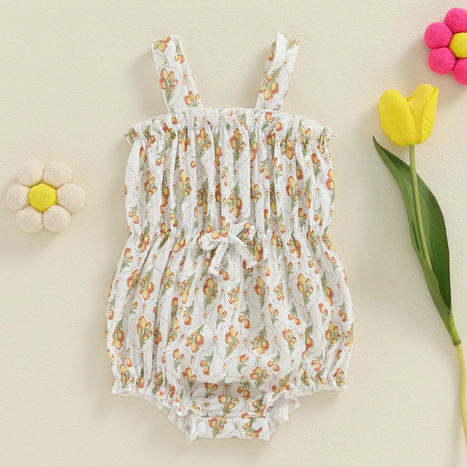 Lovely Newborn Baby Girl Romper: Sleeveless Bow Front Linen Bodysuit (0-18M)