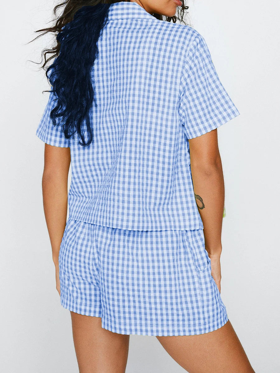 New gingham pajama set, short sleeve lapel top & plaid shorts, women’s sleepwear.
