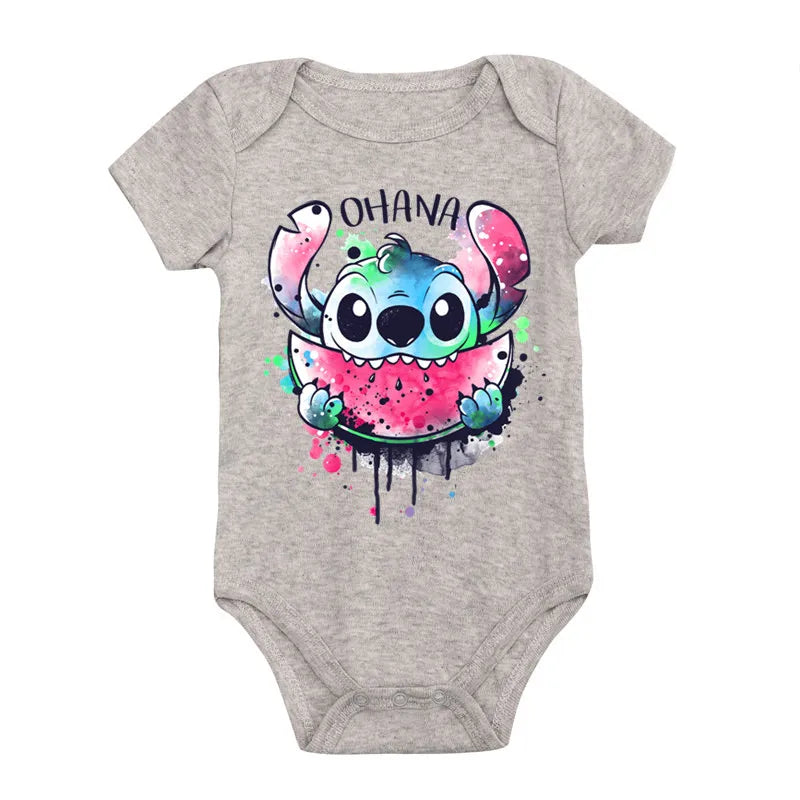 Kawaii Ohana Stitch Print Baby Romper: 100% Cotton Short Sleeve Bodysuit (0-24M)