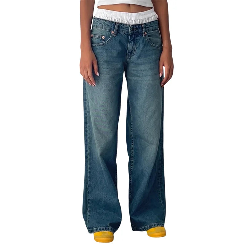 Lamuusaa Y2K Jeans for Women – Low-Waist, Wide-Leg Denim with Multi Pockets.