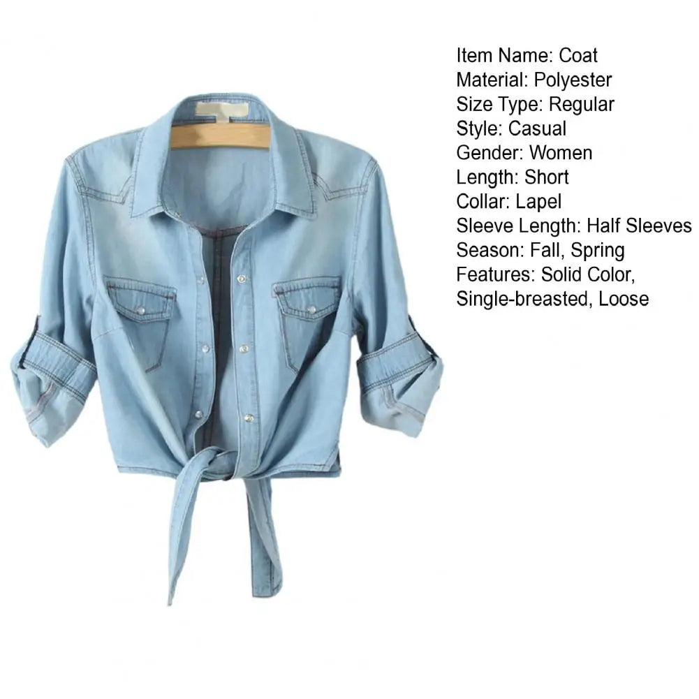 Tie Knot Denim Jacket, Cropped Length, Single-Breasted, Lace-Up Blue Jeans Cardigan.