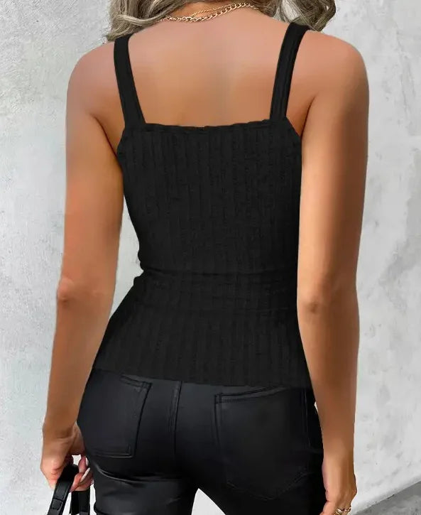 Chain linked surplice neck tank top with button decor, perfect for spring and summer.