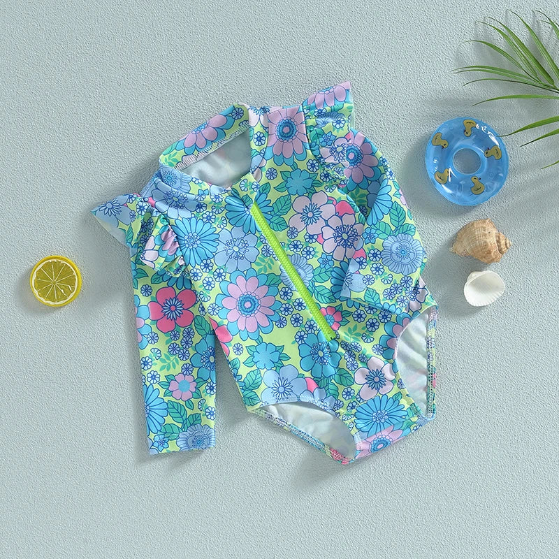 Infant Girls Rash Guard Swimsuit: Floral Print Zipper Romper for Sun Protection