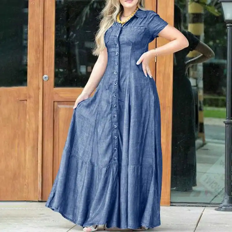 Women’s Lapel Pocket Denim Dress, Short Sleeve, Loose Single-Breasted Shirt Dress.