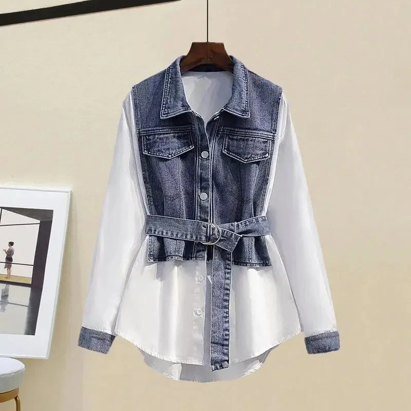 Women’s Denim Shirt, Long Sleeve, Splicing Fake Two-Piece Loose Blouse.