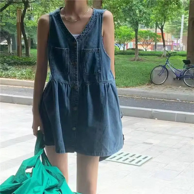 Women's Sleeveless Denim Mini Dress – Button-Up, Pockets, Korean A-Line Style