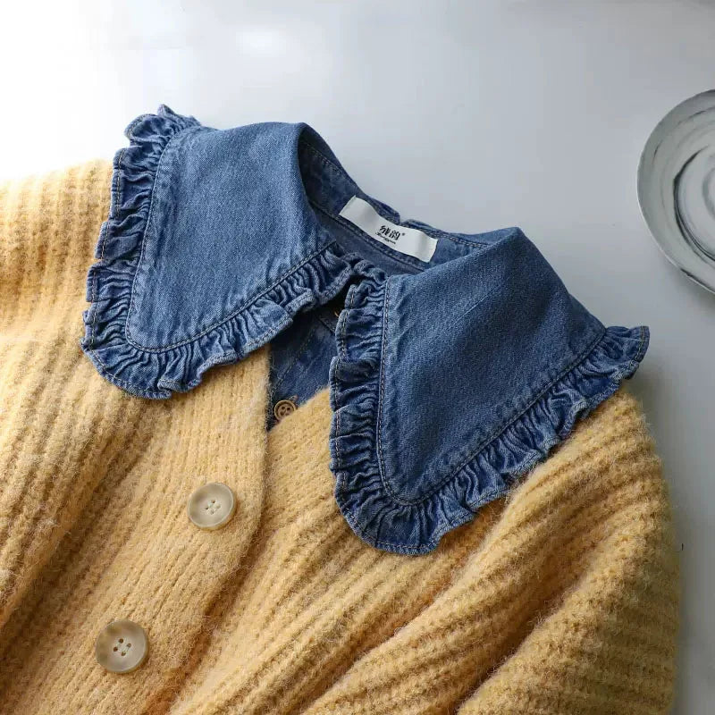 Fashion Denim Ruffle Fake Collar Shirt for Women, Detachable Lapel, Tie Half Blouse.