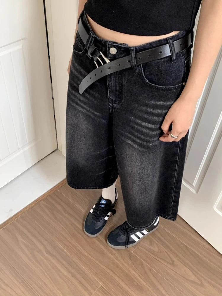 Deeptown Black Baggy Denim Shorts – Y2K High-Waist Wide-Leg Jorts.