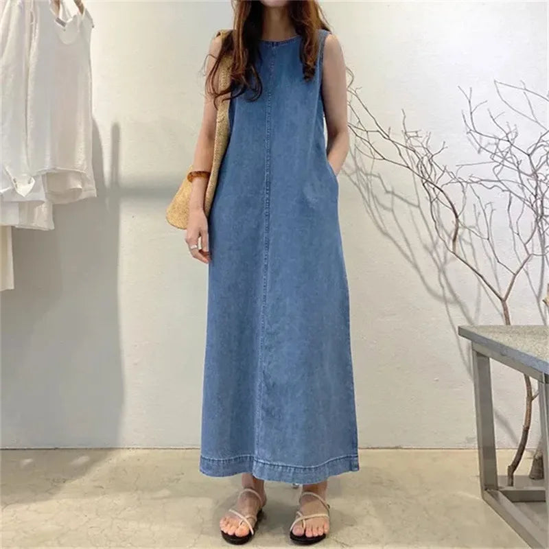 Women’s Sleeveless Denim Long Dress – Round Neck, Pocketed, Loose Fit