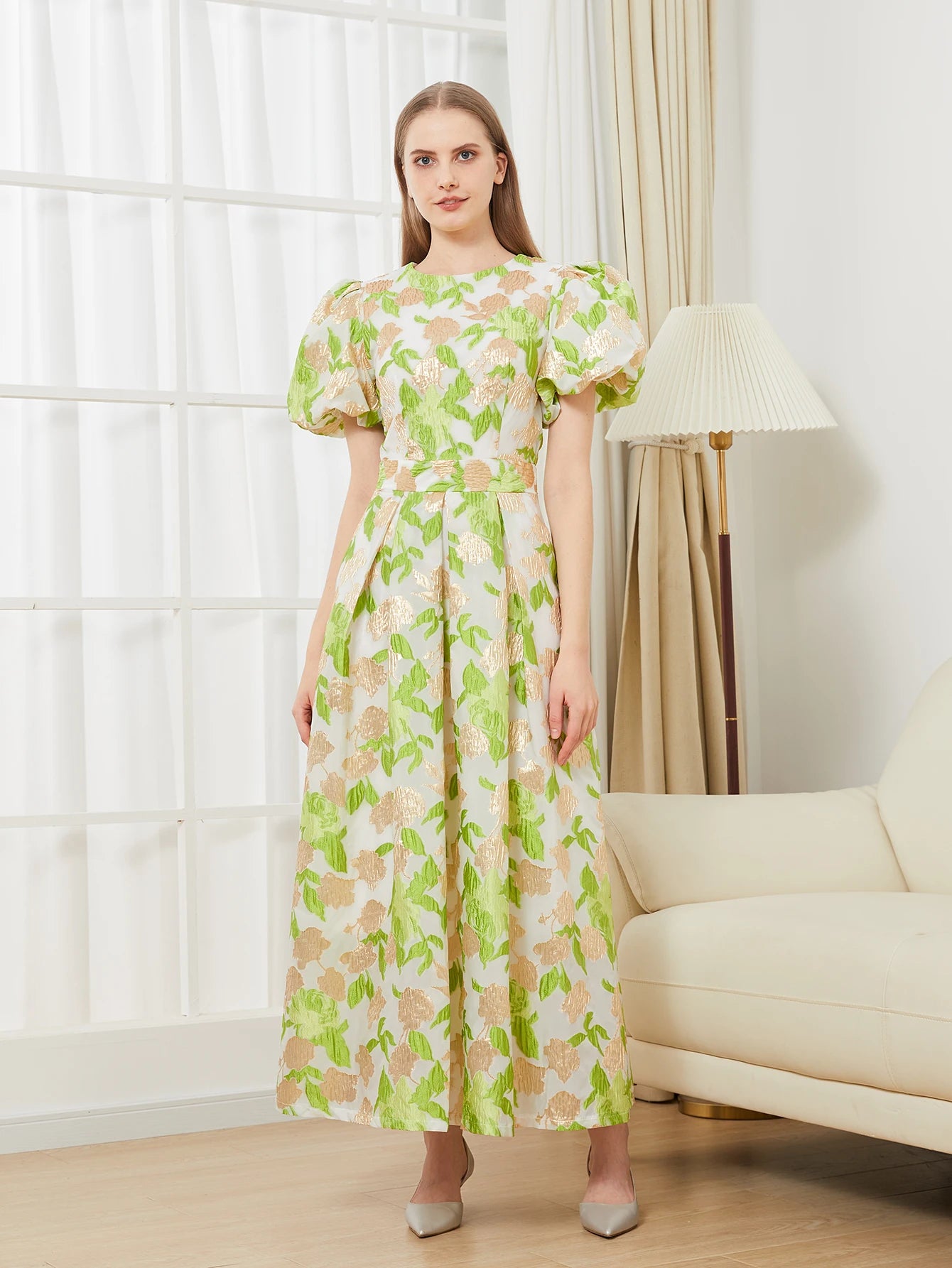 Luxury Women’s Puff Sleeve Embroidered Jacquard Party Dress – Elegant Prom Gown