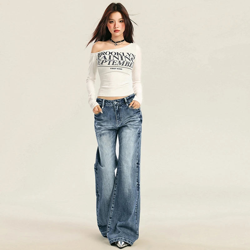 Autumn Women’s Washed Denim Wide-Leg High-Waisted Jeans.