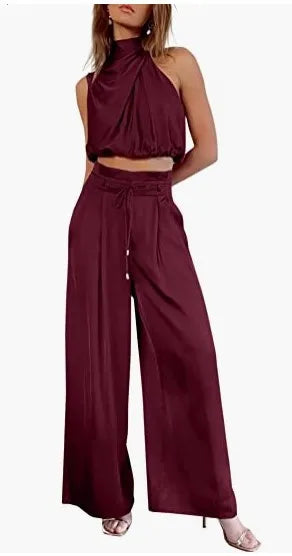 Women's 2-Piece Silk Set – Sleeveless Top & Wide Leg Pants, Summer