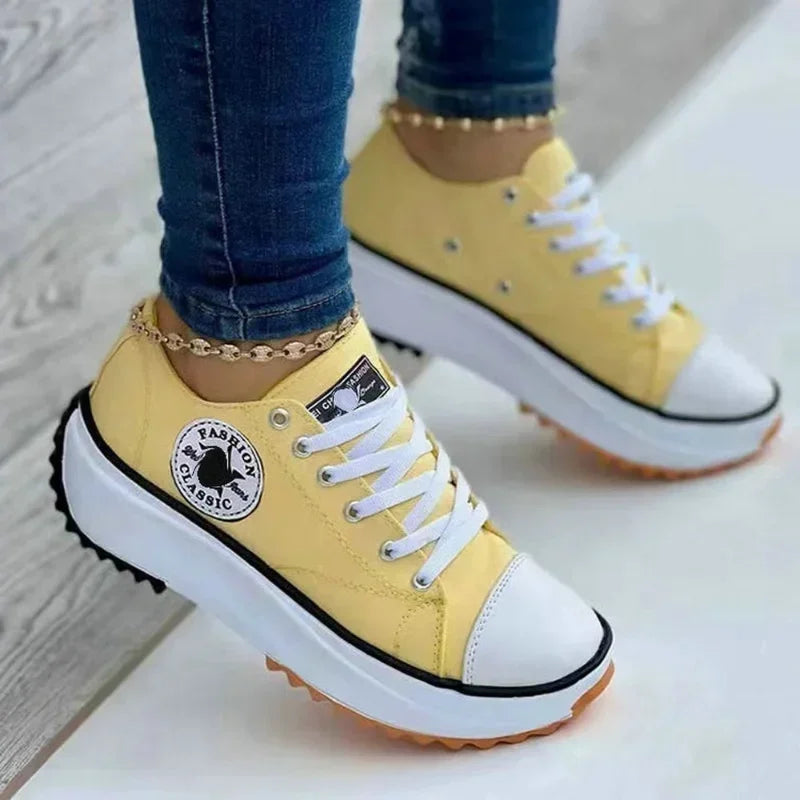 Women’s Pattern Canvas Sneakers – Casual Lace-Up Flat Shoes