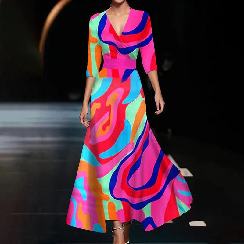 Elegant V-Neck A-Line Dress – 3/4 Sleeve, Floral Print Party Dress