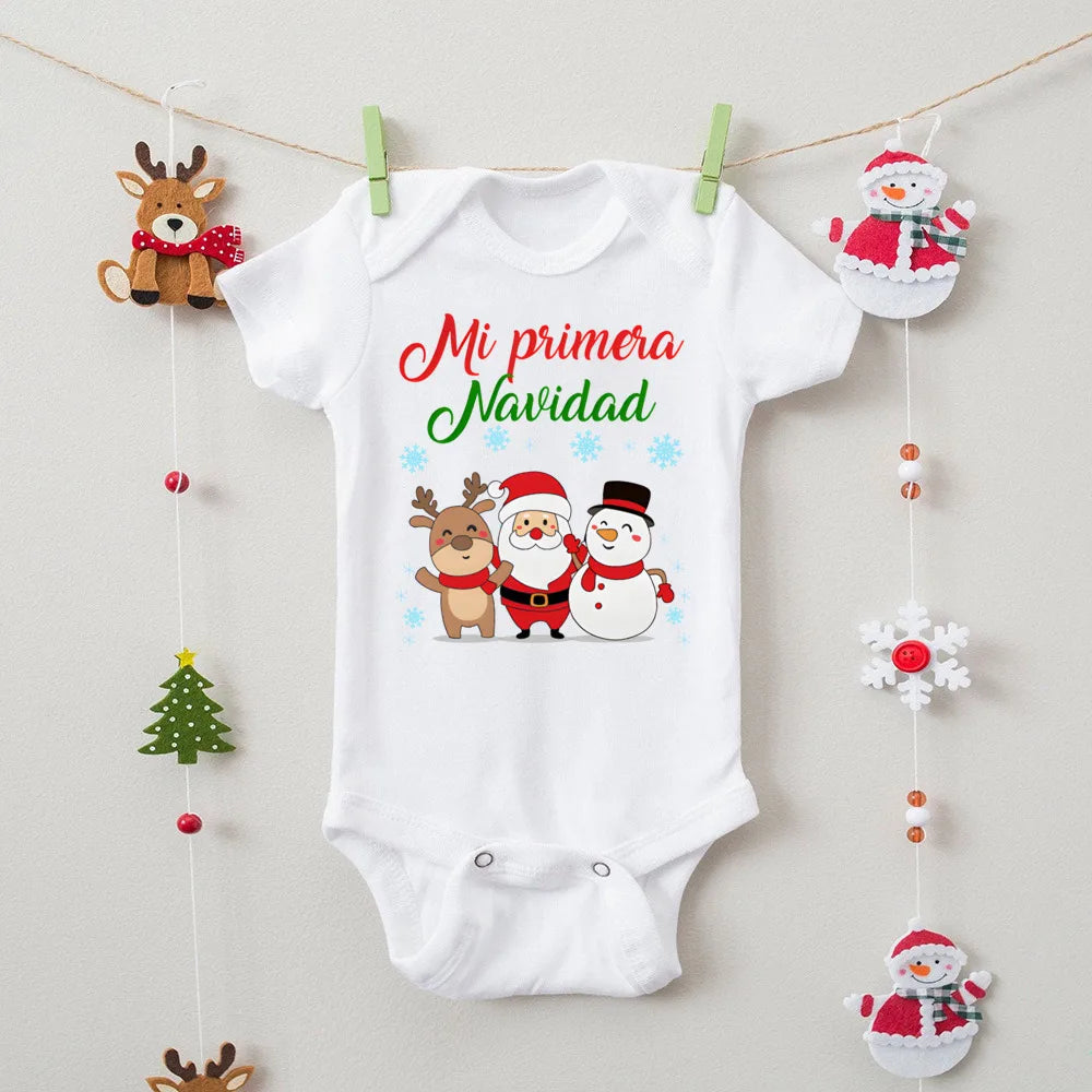 My First Christmas" Spanish Bodysuit: Newborn Short Sleeve Romper for Xmas Party