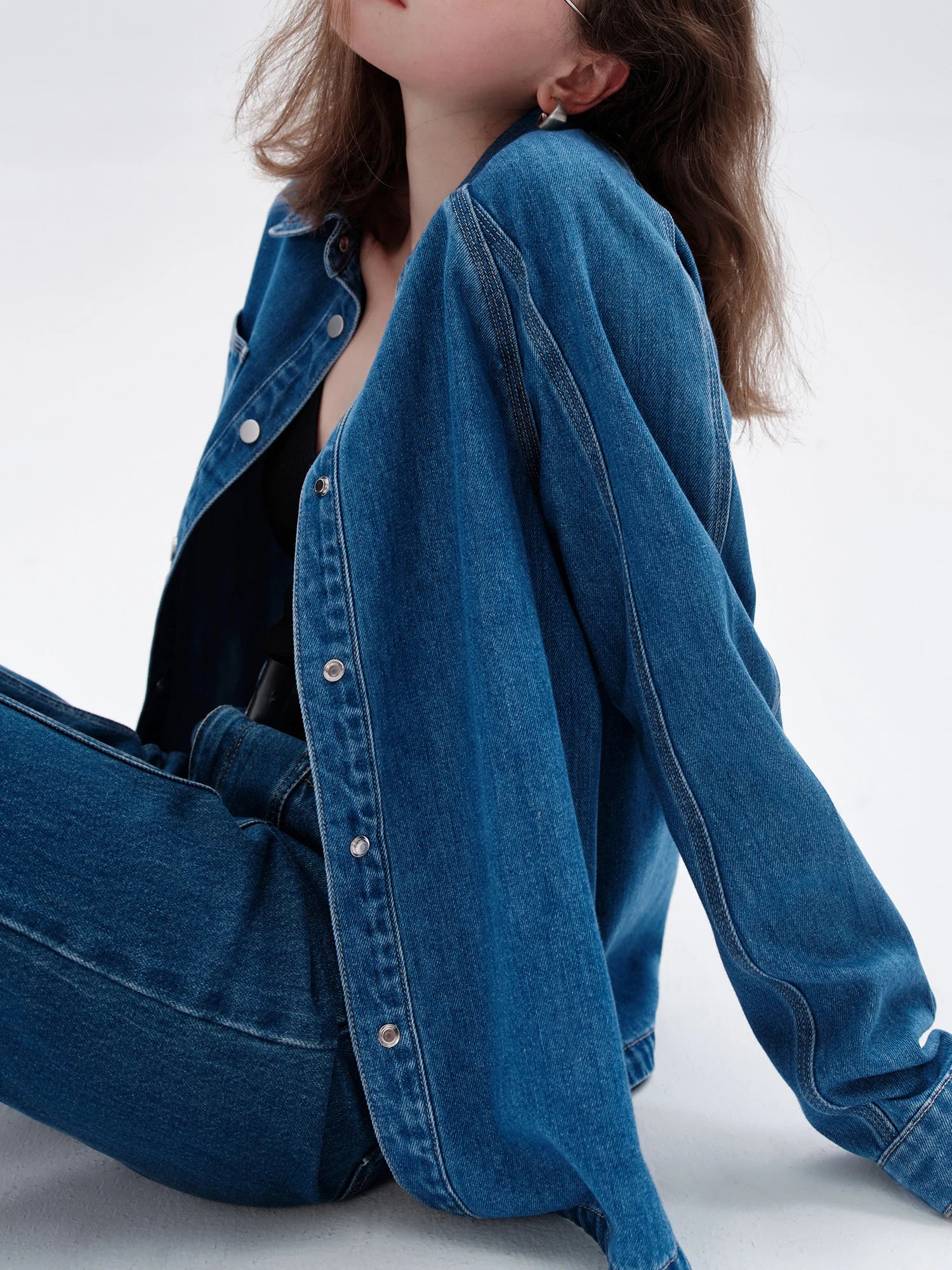 ZIQIAO Women's Loose Denim Shirt, Blue, Long Sleeve,