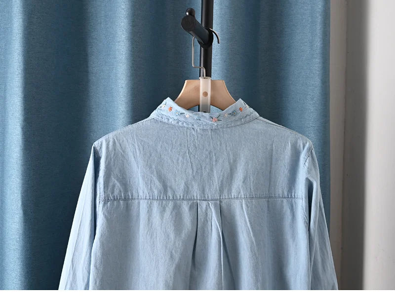 Harajuku Y2K Denim Shirt, Women's Spring Top, Floral Embroidery, Long Sleeve.