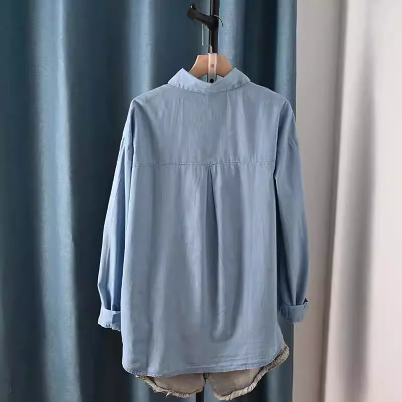 Harajuku Y2K Denim Shirt, Women's Spring Top, Floral Embroidery, Long Sleeve.