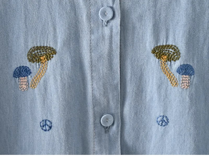 Harajuku Y2K Denim Shirt, Women's Spring Top, Floral Embroidery, Long Sleeve.