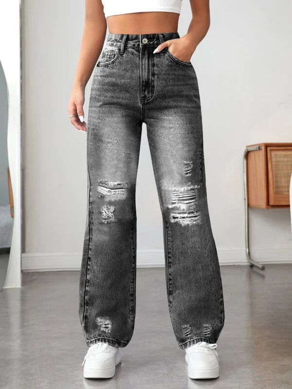 Women’s Wide-Leg Ripped Denim Pants – Loose & Comfortable All-Match.