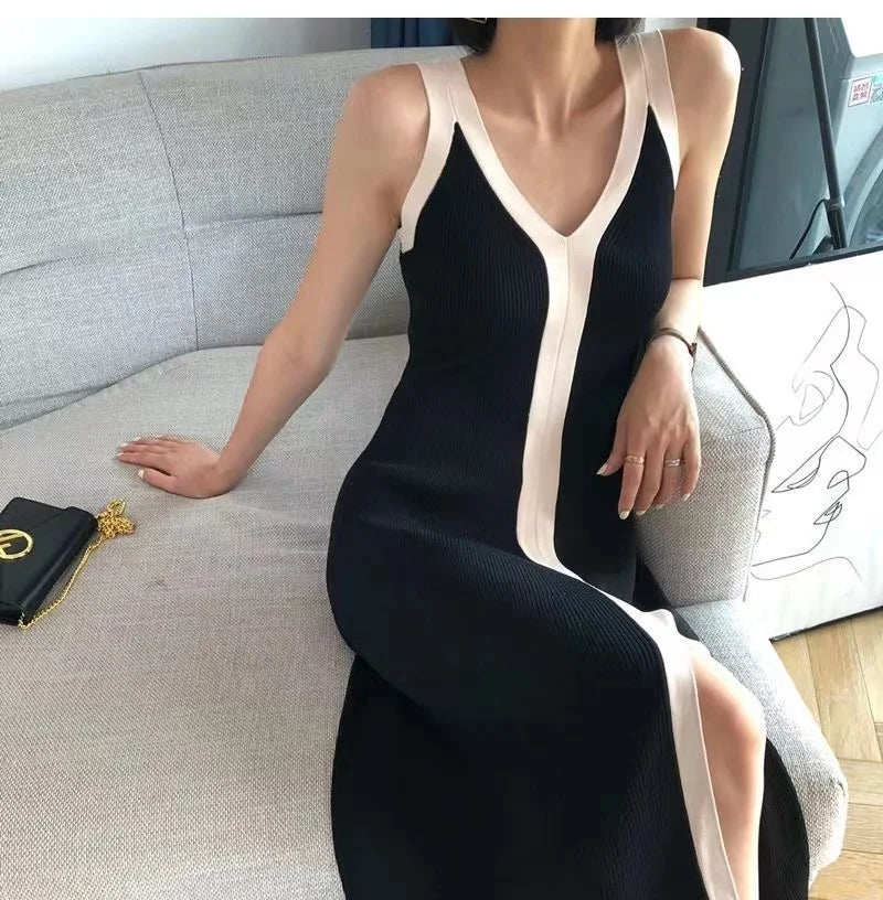 V-Neck Sleeveless Knitted Maxi Dress – Sexy Long Sweater Dress