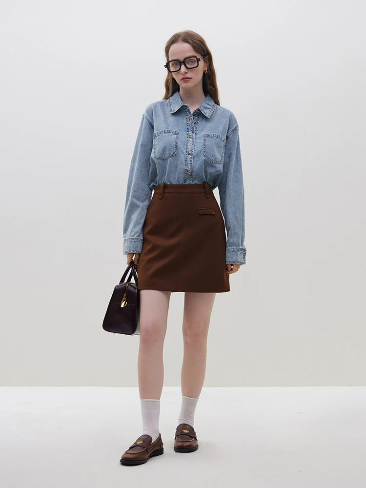 FSLE Deep Blue Denim Shirt, Women's Long Sleeve, Retro Casual Top.