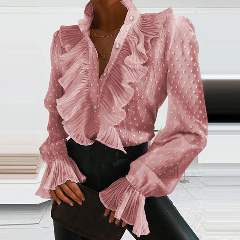 Denim Ruffled Long Sleeve Shirt, V-Neck Pleated Chiffon Blouse, Sexy Spring Office Top.