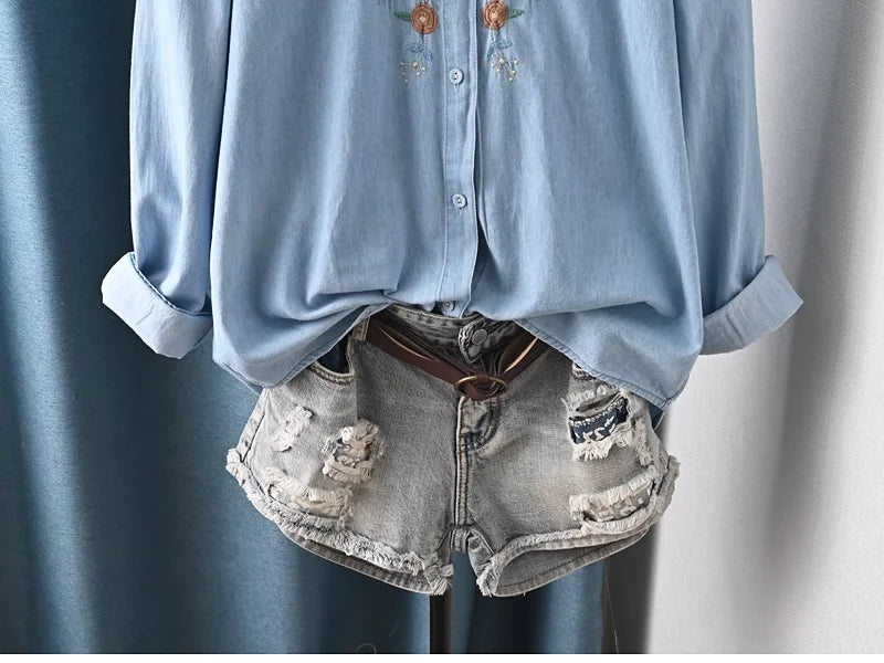 Harajuku Y2K Denim Shirt, Women's Spring Top, Floral Embroidery, Long Sleeve.