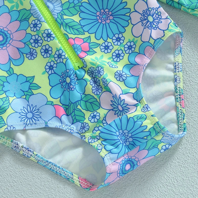 Infant Girls Rash Guard Swimsuit: Floral Print Zipper Romper for Sun Protection