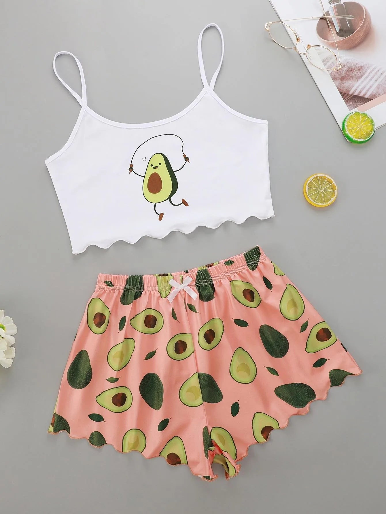 Summer avocado print pajama set, camisole & shorts sleepwear.