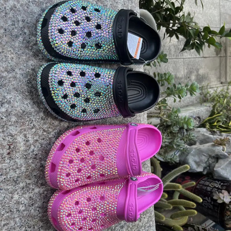 Women’s Diamond & Pearl Slippers – Fashion Handmade Summer Hole Shoes