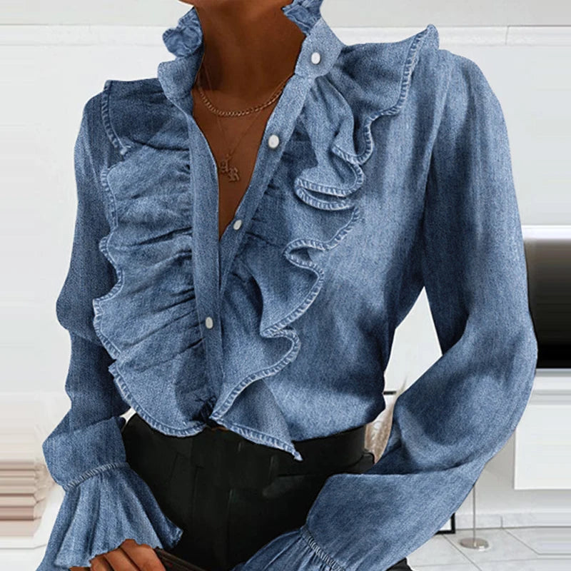 Denim Ruffled Long Sleeve Shirt, V-Neck Pleated Chiffon Blouse, Sexy Spring Office Top.