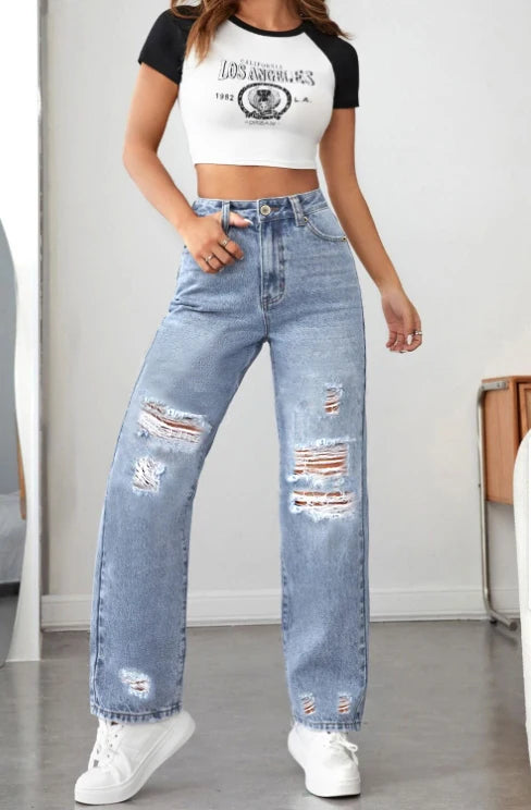 Women’s Wide-Leg Ripped Denim Pants – Loose & Comfortable All-Match.