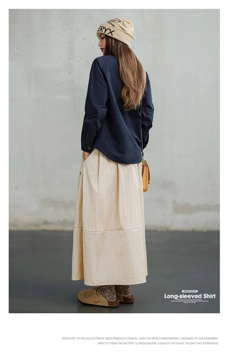 Maden Denim Patchwork Shirt, Women's Long Sleeve Casual Jacket, Navy Blue.