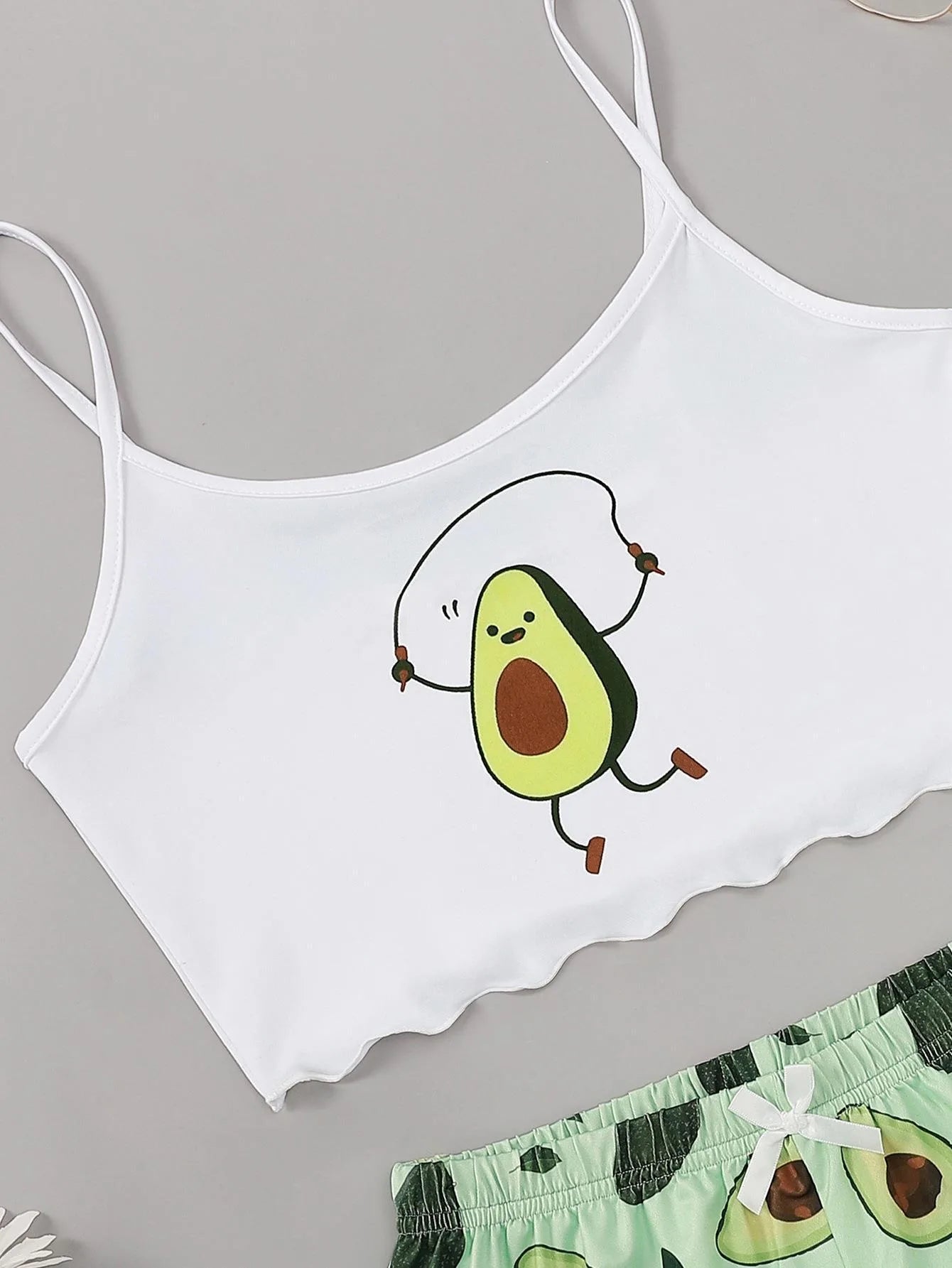 Summer avocado print pajama set, camisole & shorts sleepwear.