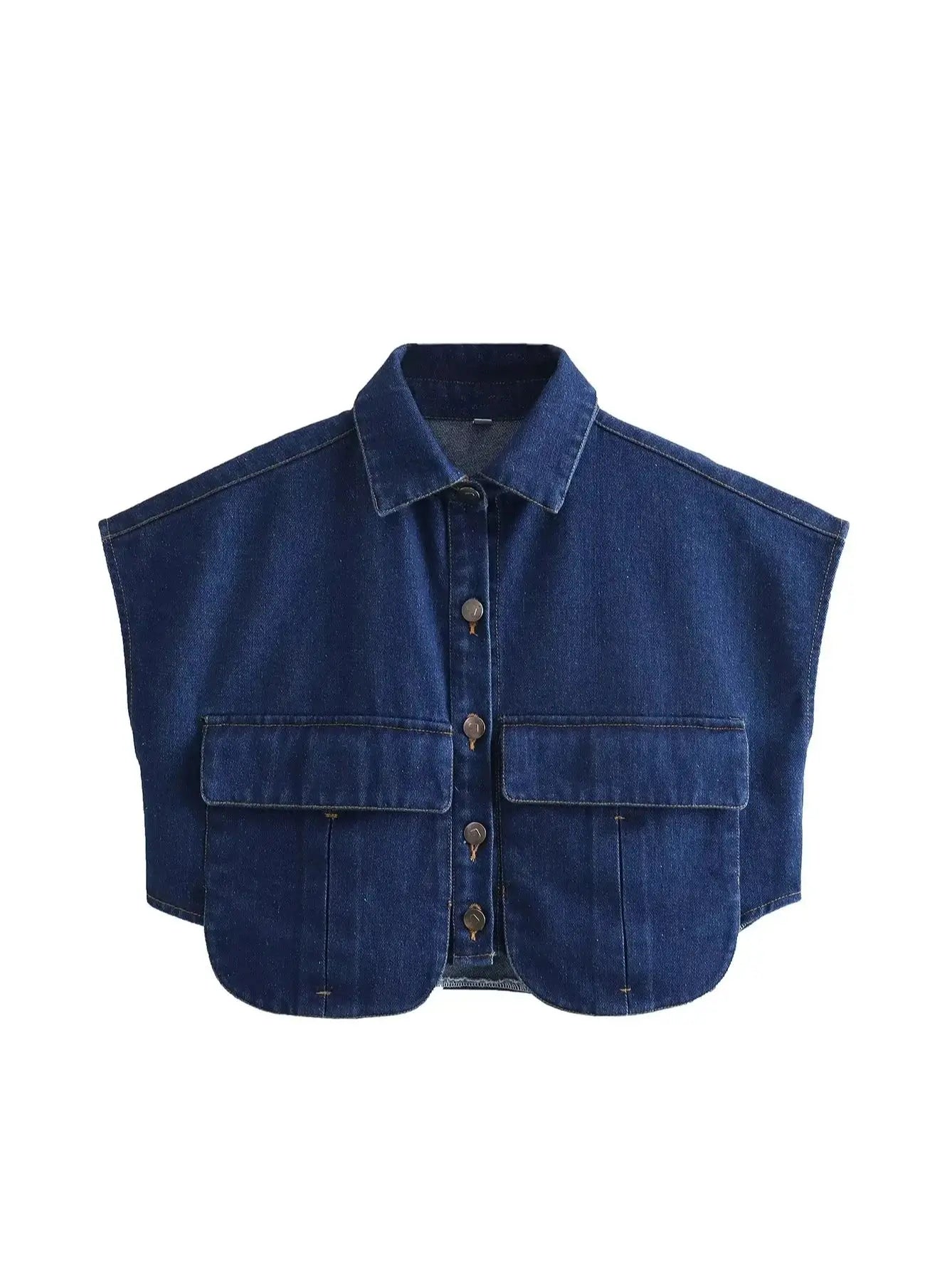 XNWMNZ 2024 Women's Cropped Denim Shirt, Sleeveless, Button-up.