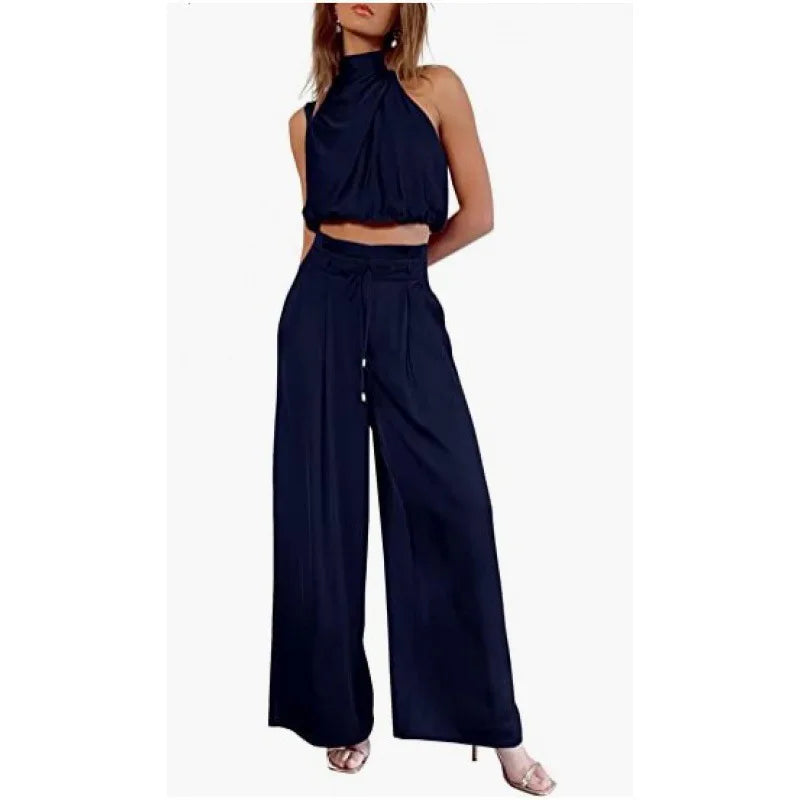 Women's 2-Piece Silk Set – Sleeveless Top & Wide Leg Pants, Summer