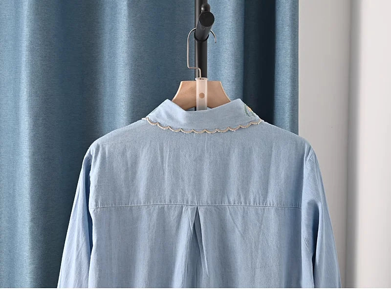 Harajuku Y2K Denim Shirt, Women's Spring Top, Floral Embroidery, Long Sleeve.