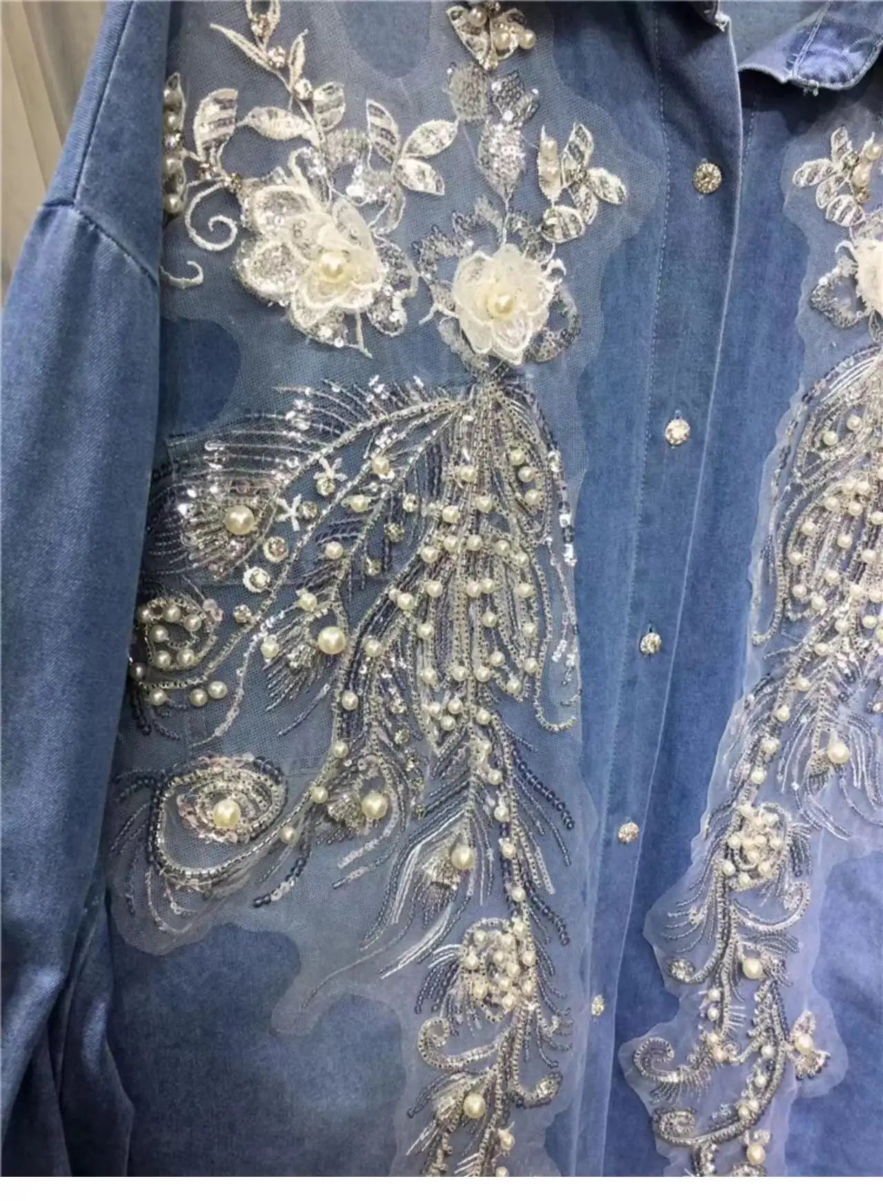 Luxury Beaded Denim Blouse, Women's Long Sleeve, Casual Top.