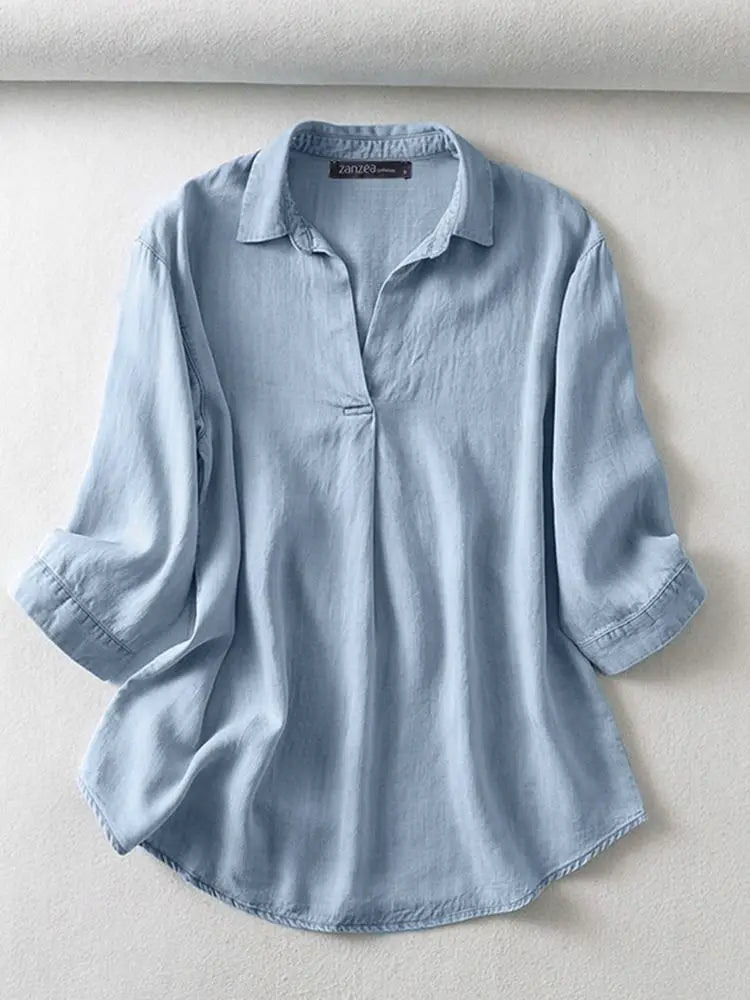 ZANZEA Women's Denim Blouse – Casual 3/4 Sleeve Tunic for Work