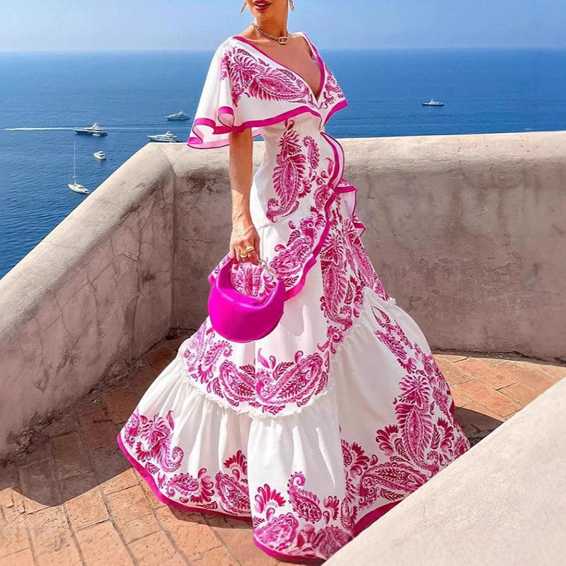 Women’s Casual Pleated Long Dress – V-Neck, Ruffle Bohemian Print Party Dress