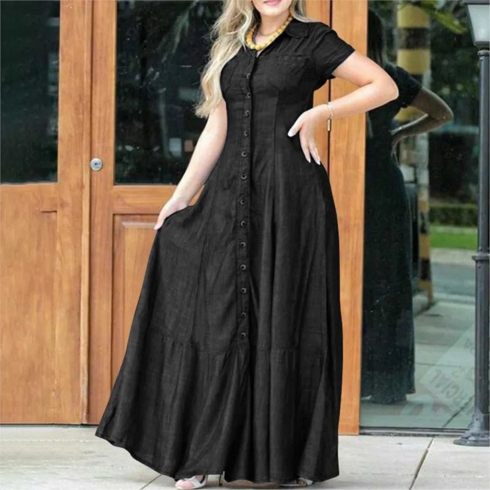Women’s Lapel Pocket Denim Dress, Short Sleeve, Loose Single-Breasted Shirt Dress.