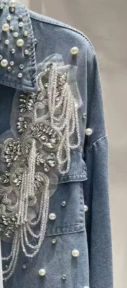 Autumn Crystal Tassel Denim Shirt, Loose Casual Top, Women's Jacket.