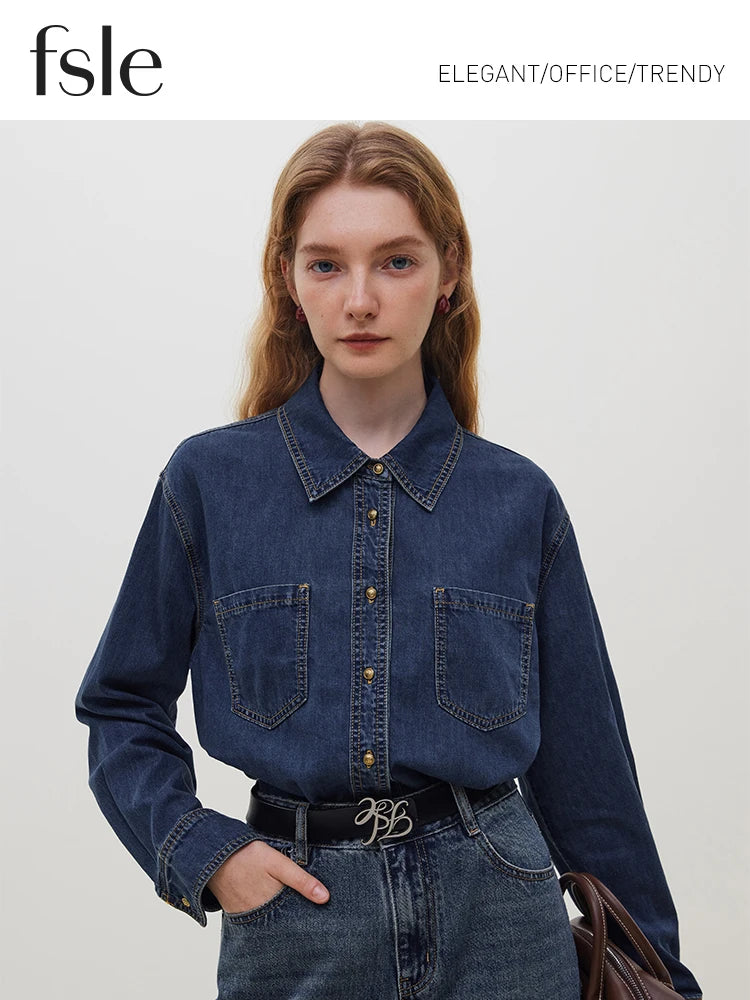 FSLE Deep Blue Denim Shirt, Women's Long Sleeve, Retro Casual Top.