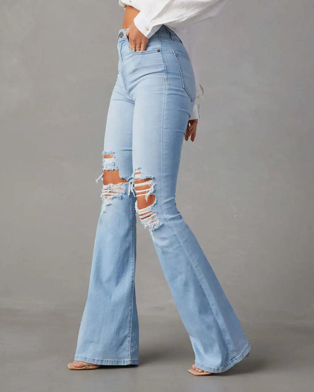 Women’s Denim Flare Pants – High-Waist, Loose Fit, Ankle Length, Pockets, Spring .
