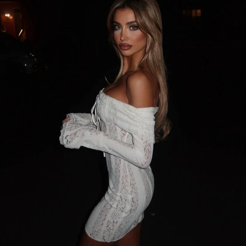 Sexy Hollow-Out Slash Neck Lace Dress – Flared Sleeves, Slim Fit Evening Party Dress