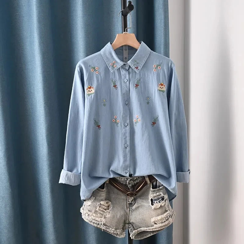 Harajuku Y2K Denim Shirt, Women's Spring Top, Floral Embroidery, Long Sleeve.