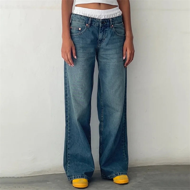 Lamuusaa Y2K Jeans for Women – Low-Waist, Wide-Leg Denim with Multi Pockets.